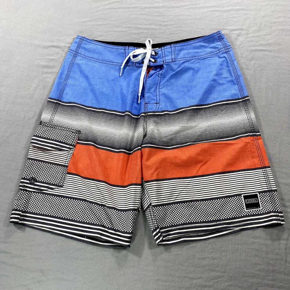 Ezekiel Board Shorts Mens 32 Blue White Striped‎ Swim Trunks Cargo 10" Inseam